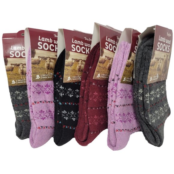iBerryNYC Accessories - 6 Pairs x Women's Lamb Wool Crew Socks, Thermal Warm Winter Heavy Duty Boots